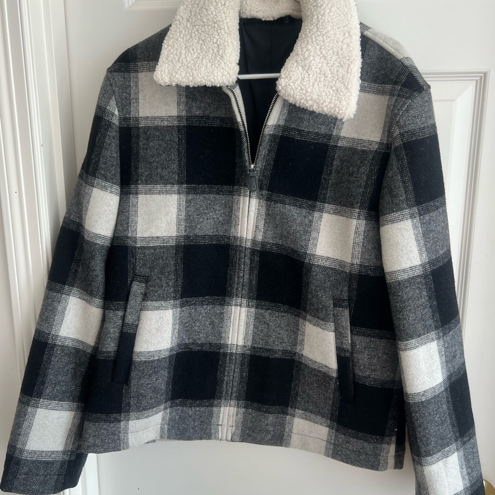 Mango Black and Gray Plaid Jacket